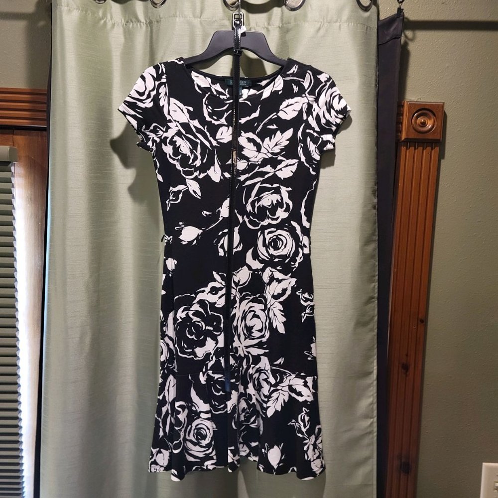 Ralph Lauren Black and White Belted Flower Print Dress Size XS